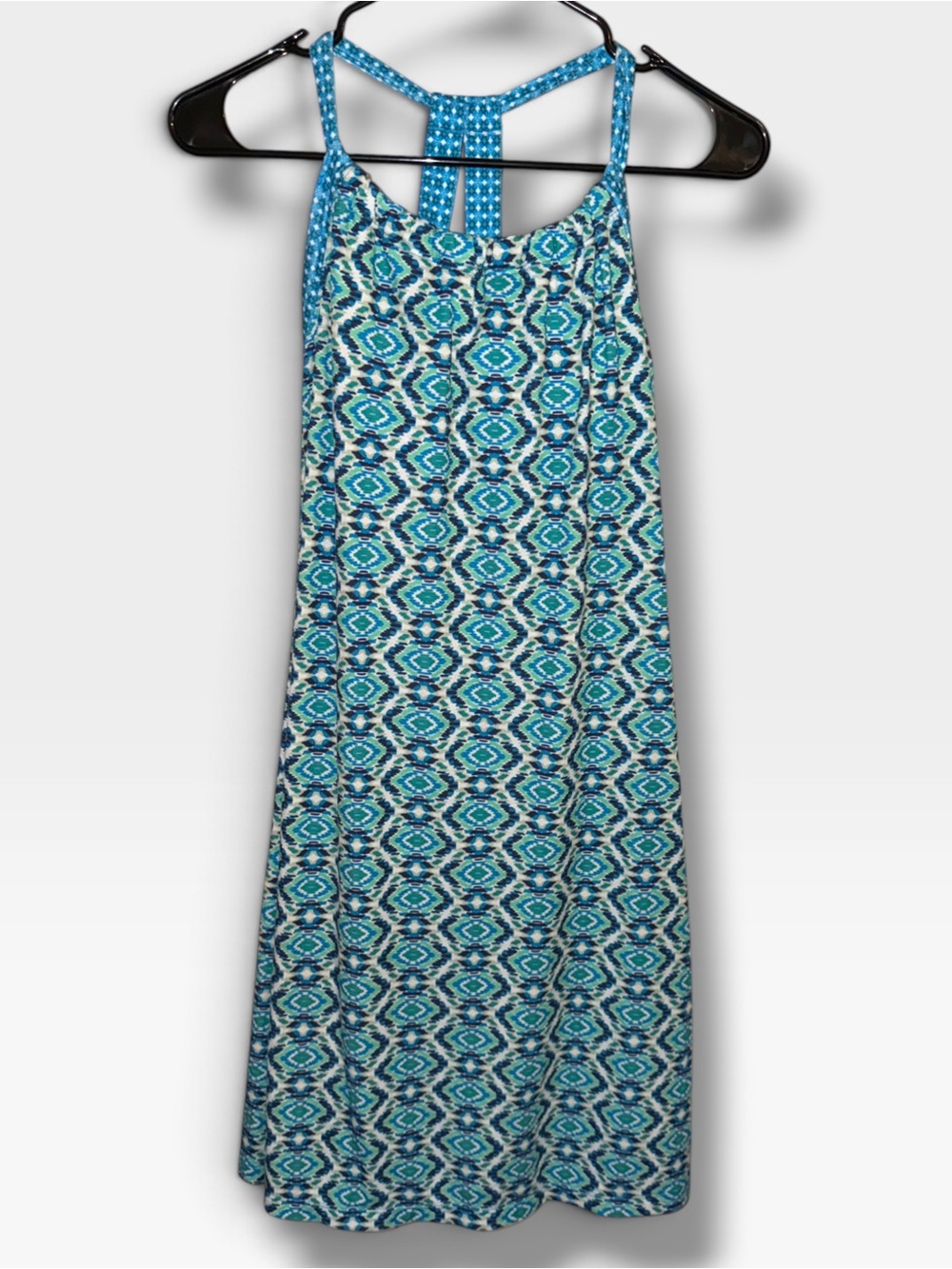 Prana Cali Racerback Blue & Teal Geo-Print Mini Dress